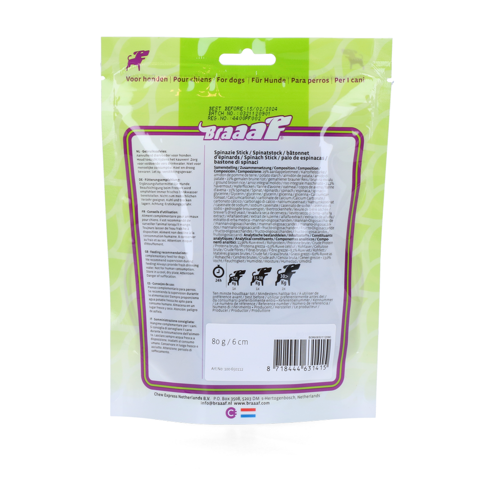 Braaaf Vegan Snack Spinazie Stick - 6 cm 2025 Braaaf Vegan Snack Spinazie Stick - 6 cm - Afbeelding 3