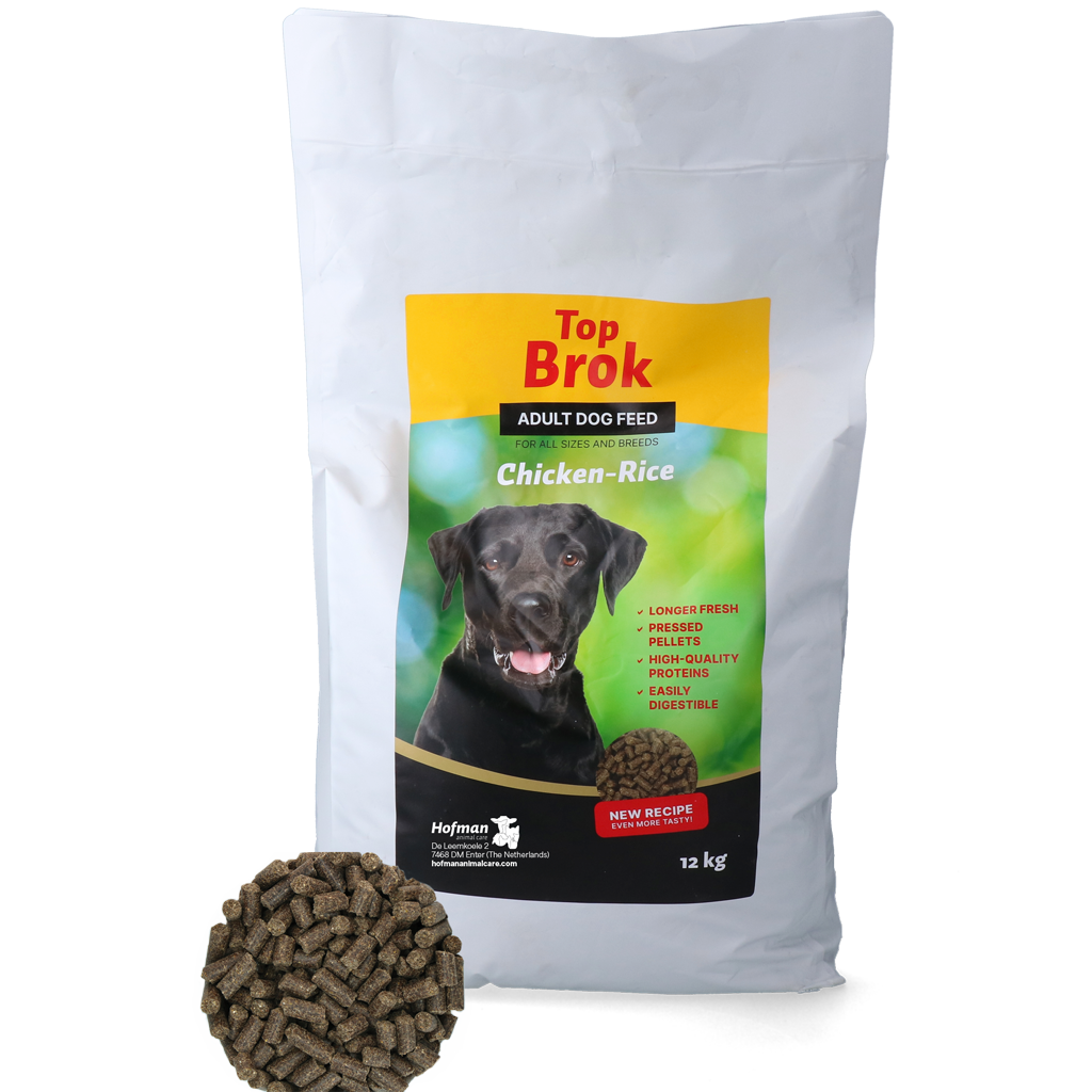 Topbrok Hond Geperste Brokken Kip & Rijst 12 kg 2025 Topbrok Hond Geperste Brokken Kip & Rijst 12 kg